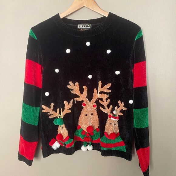 Vintage 90s BEREK 2 Christmas sweater Chenille Rudolph 3D holiday party sz S EUC - Picture 1 of 16